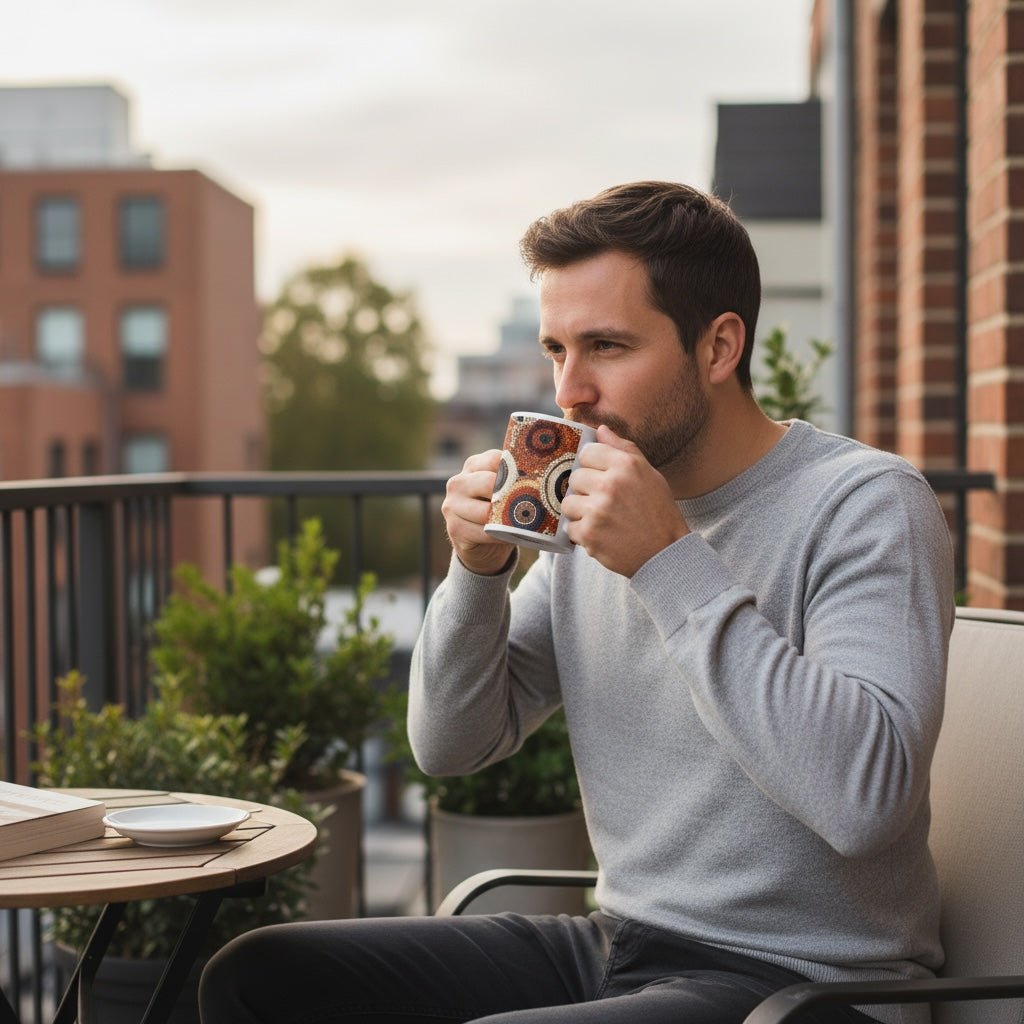 Lifestyle image of Ethnic patterned ceramic mug with the Sacred Earth artwork by Drese Art