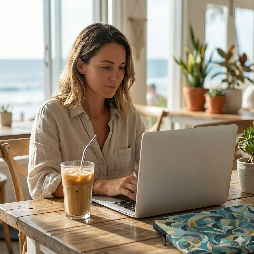 Woman working on a laptop at a wooden table with a glass of iced coffee and an abstract wave patterned laptop sleeve by Drese Art