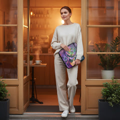 Woman holding a colorful laptop sleeve by Drese Art in front of a warmly lit cafe entrance