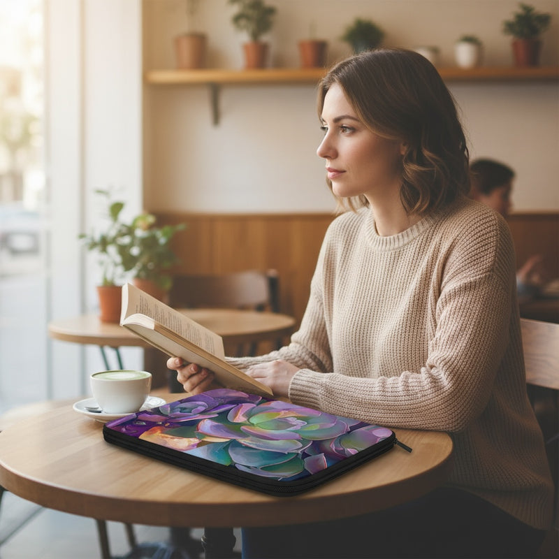 Woman reading a book in a cafe with a colorful laptop sleeve by Drese Art on the table