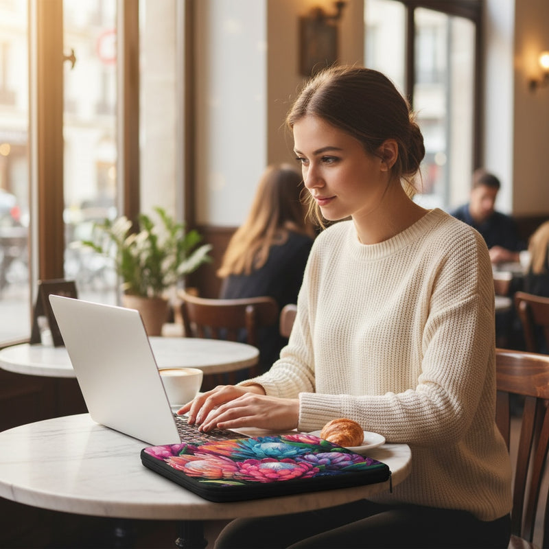 Woman using a laptop in a cafe with a Floral Radiance laptop sleeve by Drese Art on the table