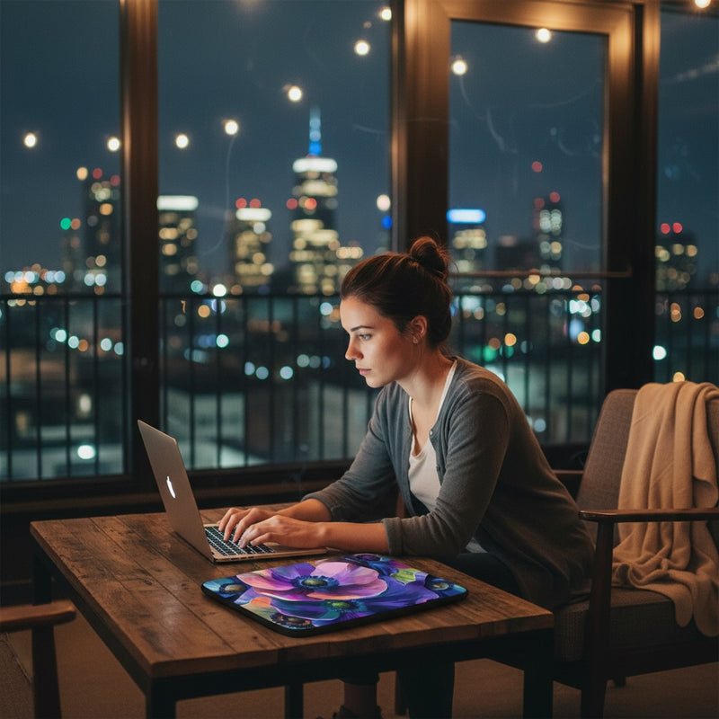 Woman working on her laptop with a colorful floral laptop sleeve by Drese Art
