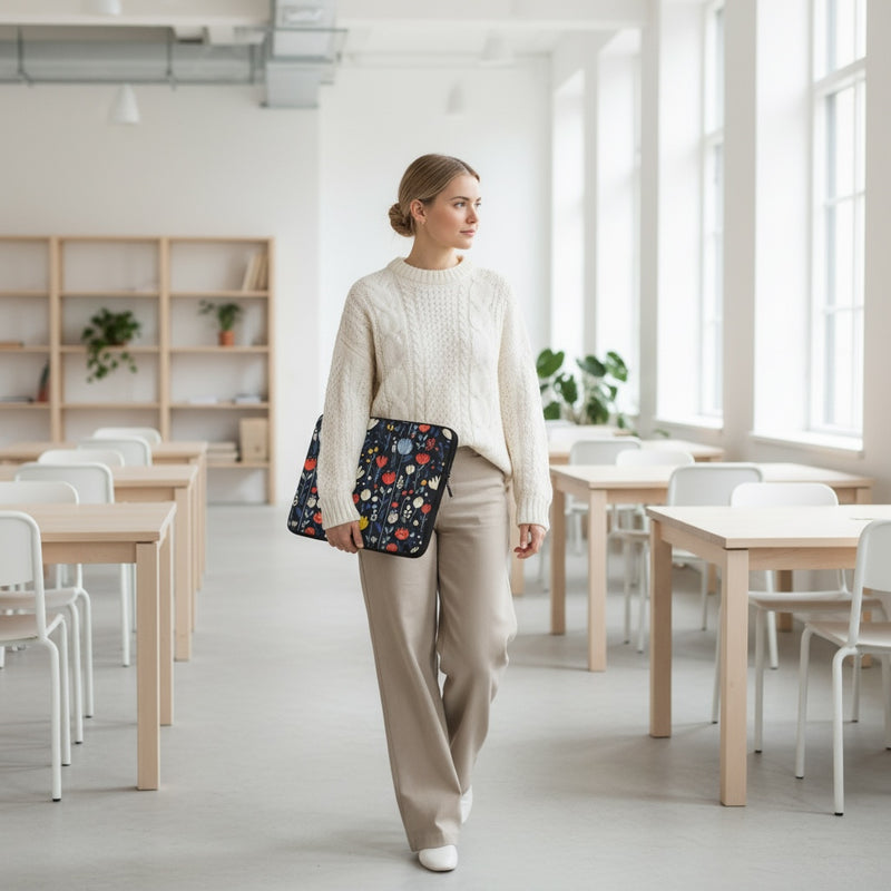 Woman holding a colorful Scandinavian laptop sleeve by Drese Art in a bright, modern classroom.