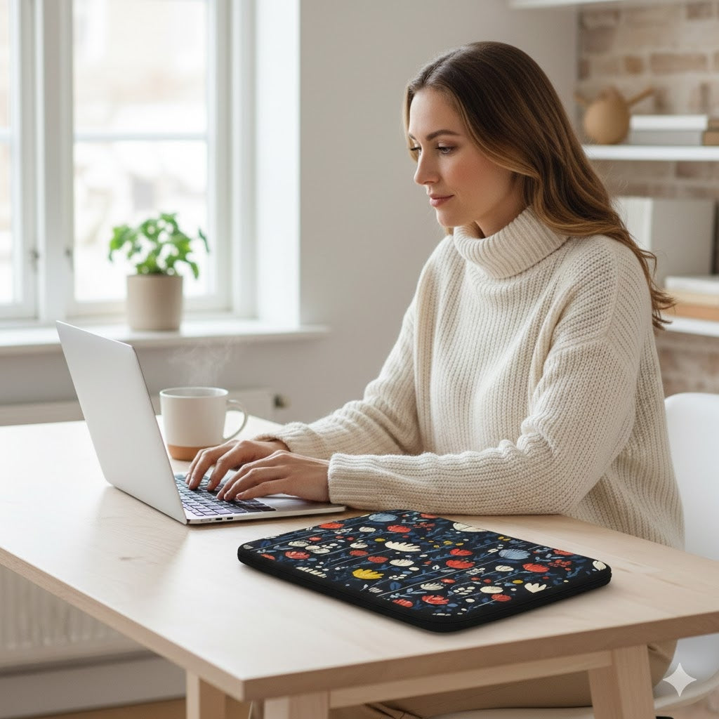 Woman using a laptop on a wooden table with a Scandinavian floral laptop sleeve by Drese Art