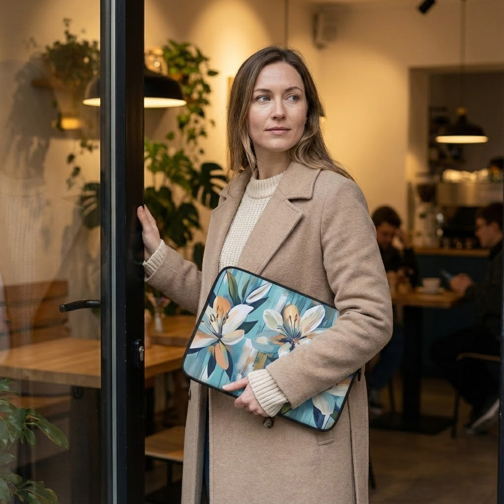 Woman holding a floral laptop sleeve by Drese Art in a cafe setting