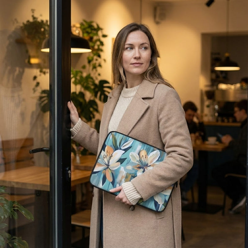 Woman holding a floral laptop sleeve by Drese Art in a cafe setting