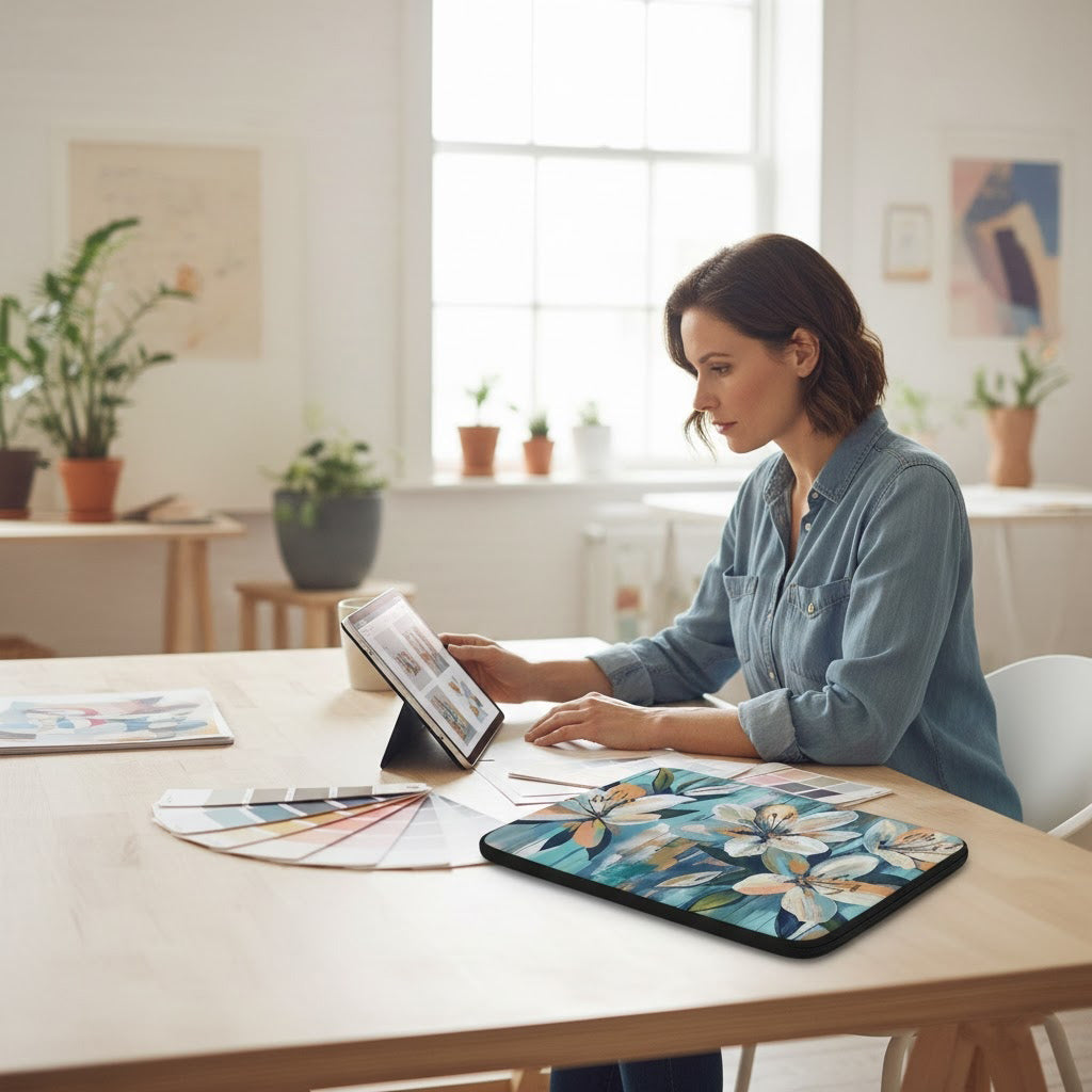 Woman using a tablet at a desk with a floral laptop sleeve by Drese Art