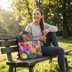Woman sitting on a bench with a colorful floral laptop sleeve by Drese Art in a park