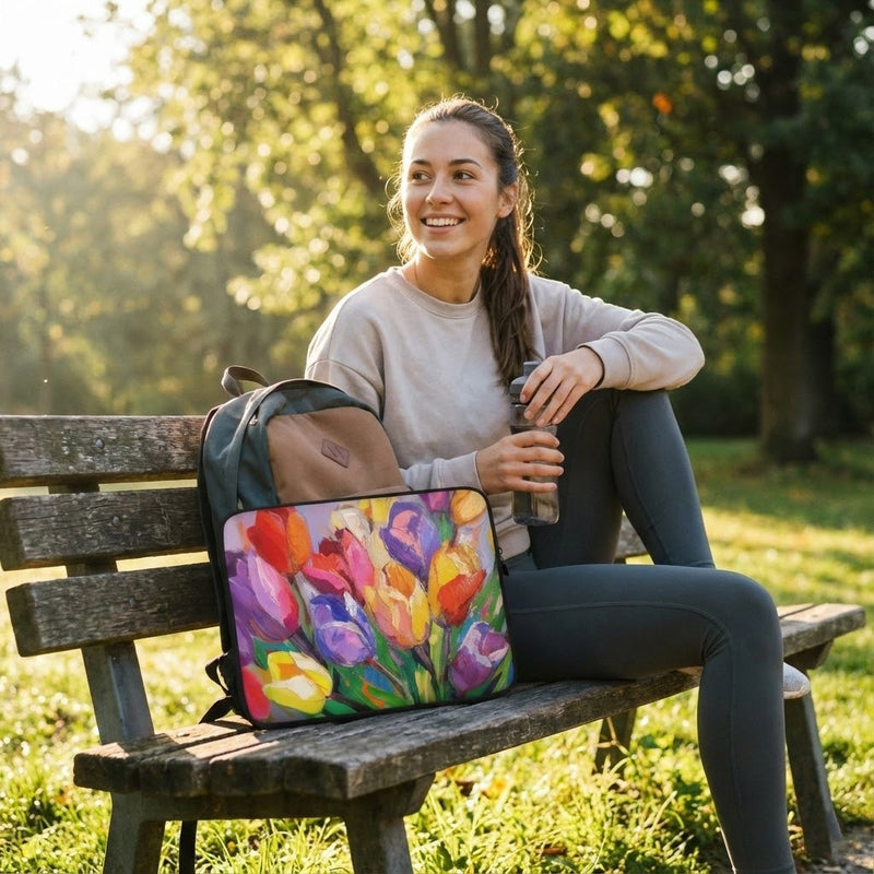 Woman sitting on a bench with a colorful floral laptop sleeve by Drese Art in a park