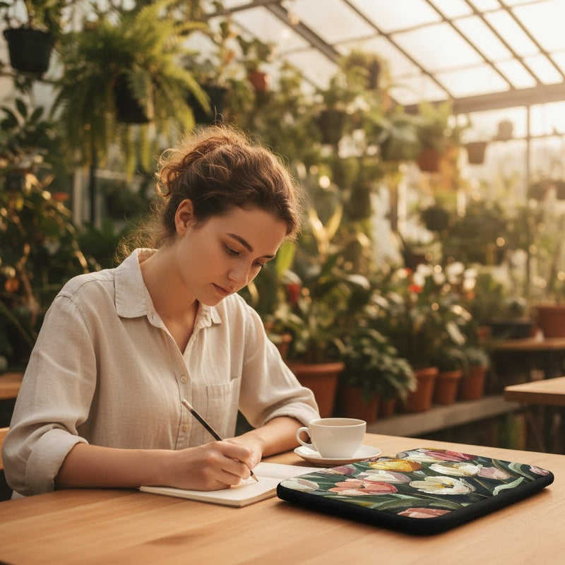 Woman writing in a notebook with a cup of coffee and the Whispers of Spring laptop sleeve by Drese Art in a greenhouse