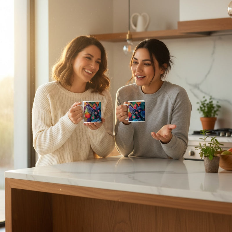 Lifestyle image of African floral ceramic mug with the African Blossoms artwork by Drese Art