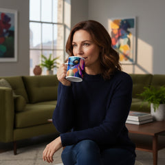 Lifestyle image of Floral ceramic mug with the Luminous Depths artwork by Drese Art