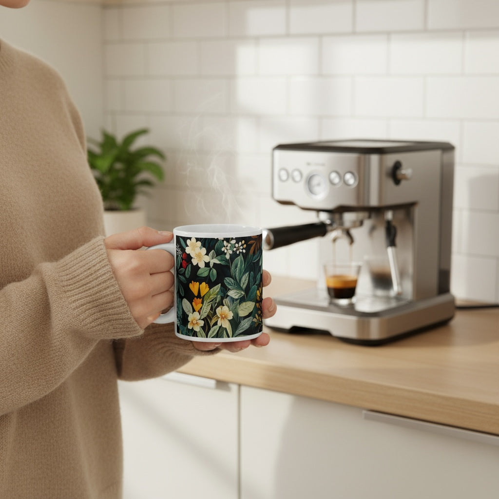 Lifestyle image of Floral ceramic mug with the Midnight Bloom artwork by Drese Art