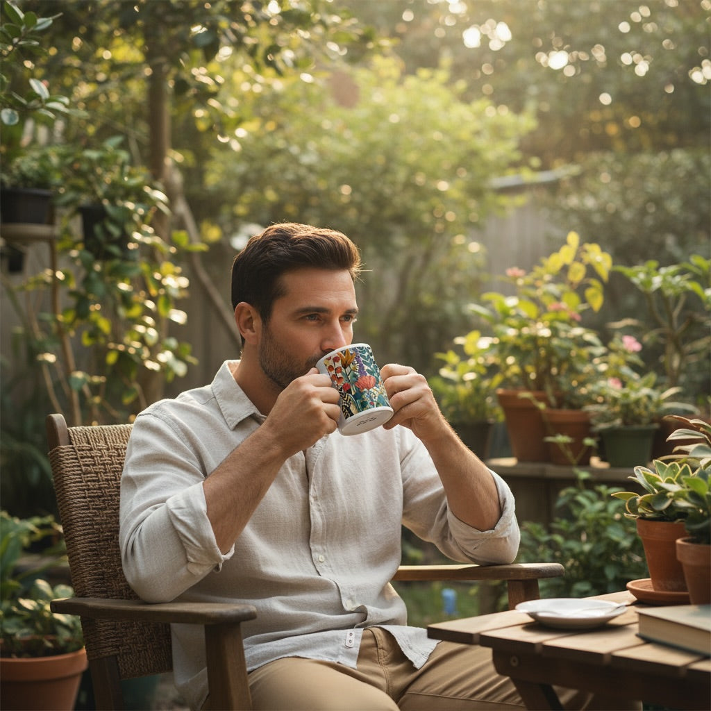 Lifestyle image of Scandinavian floral ceramic mug with the Nordic Flora artwork by Drese Art