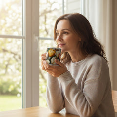 Lifestyle image of Floral ceramic mug with the Whispers of Spring artwork by Drese Art