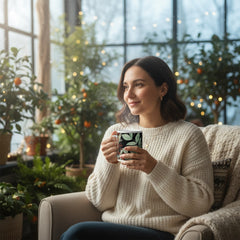 Lifestyle image of Floral ceramic mug with the Winter Garden artwork by Drese Art