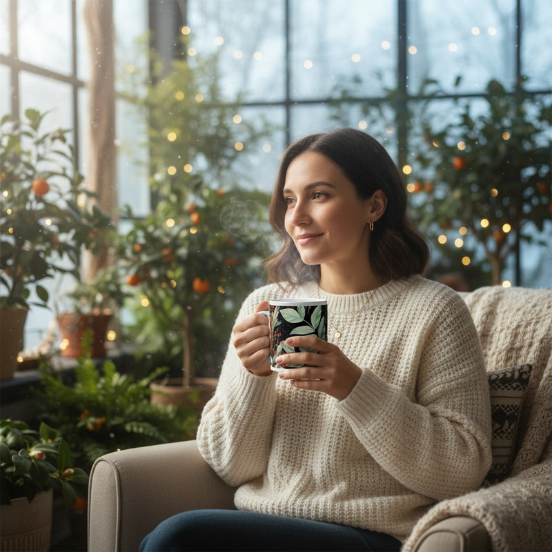 Lifestyle image of Floral ceramic mug with the Winter Garden artwork by Drese Art