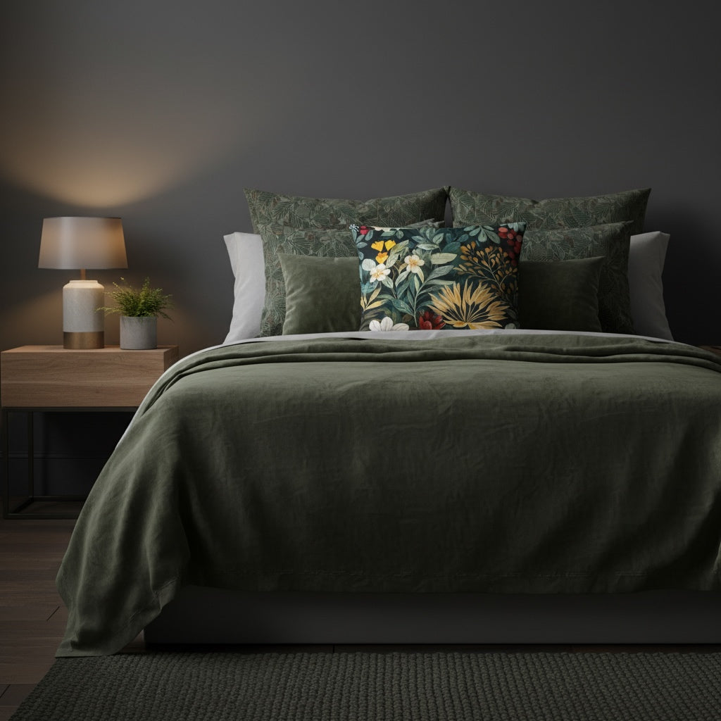 Lifestyle image of Floral Throw Pillow with the Midnight Bloom artwork by Drese Art
