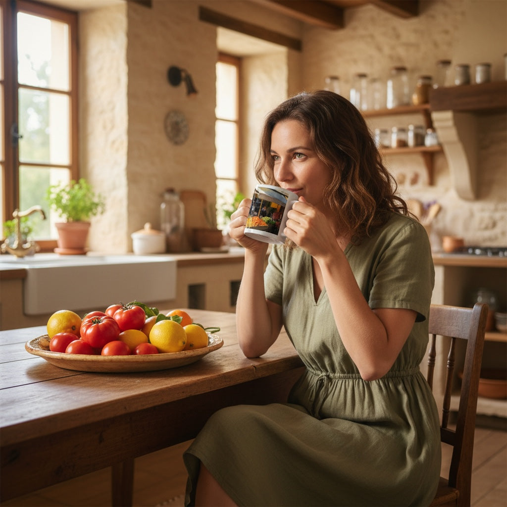 Lifestyle image of French vintage ceramic mug with the Golden Provence artwork by Drese Art