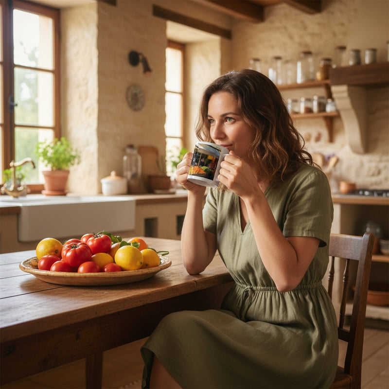 Lifestyle image of French vintage ceramic mug with the Golden Provence artwork by Drese Art