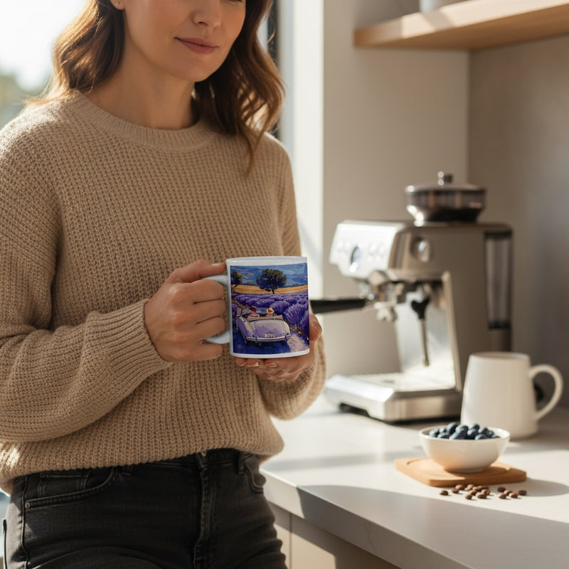 Lifestyle image of French vintage ceramic mug with the Lavender Hills artwork by Drese Art