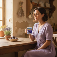 Lifestyle image of French vintage ceramic mug with the Lavender Hills artwork by Drese Art