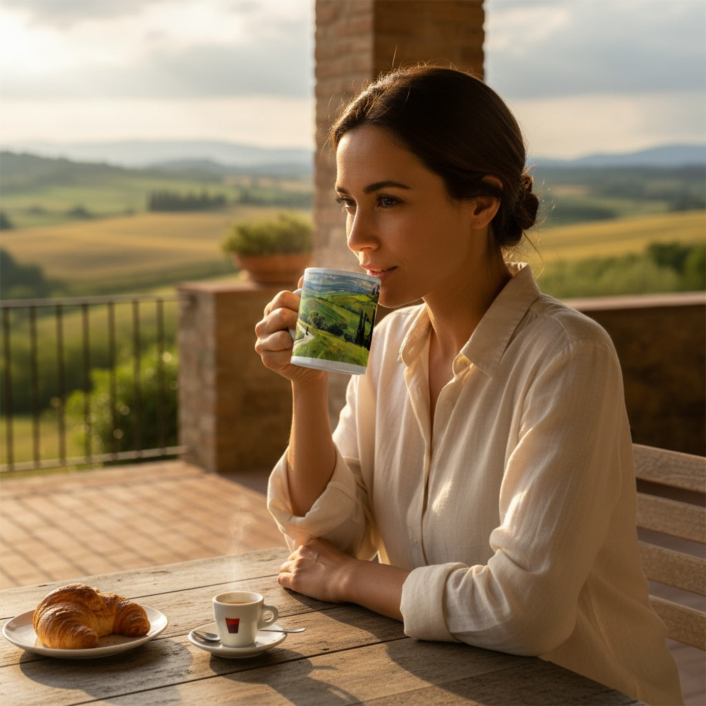 Lifestyle image of Italian vintage ceramic mug with the Tuscan Splendor artwork by Drese Art