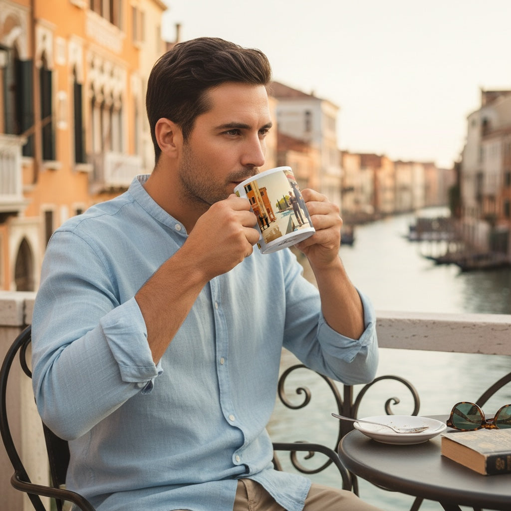 Lifestyle image of Italian vintage ceramic mug with the Venice Canal artwork by Drese Art