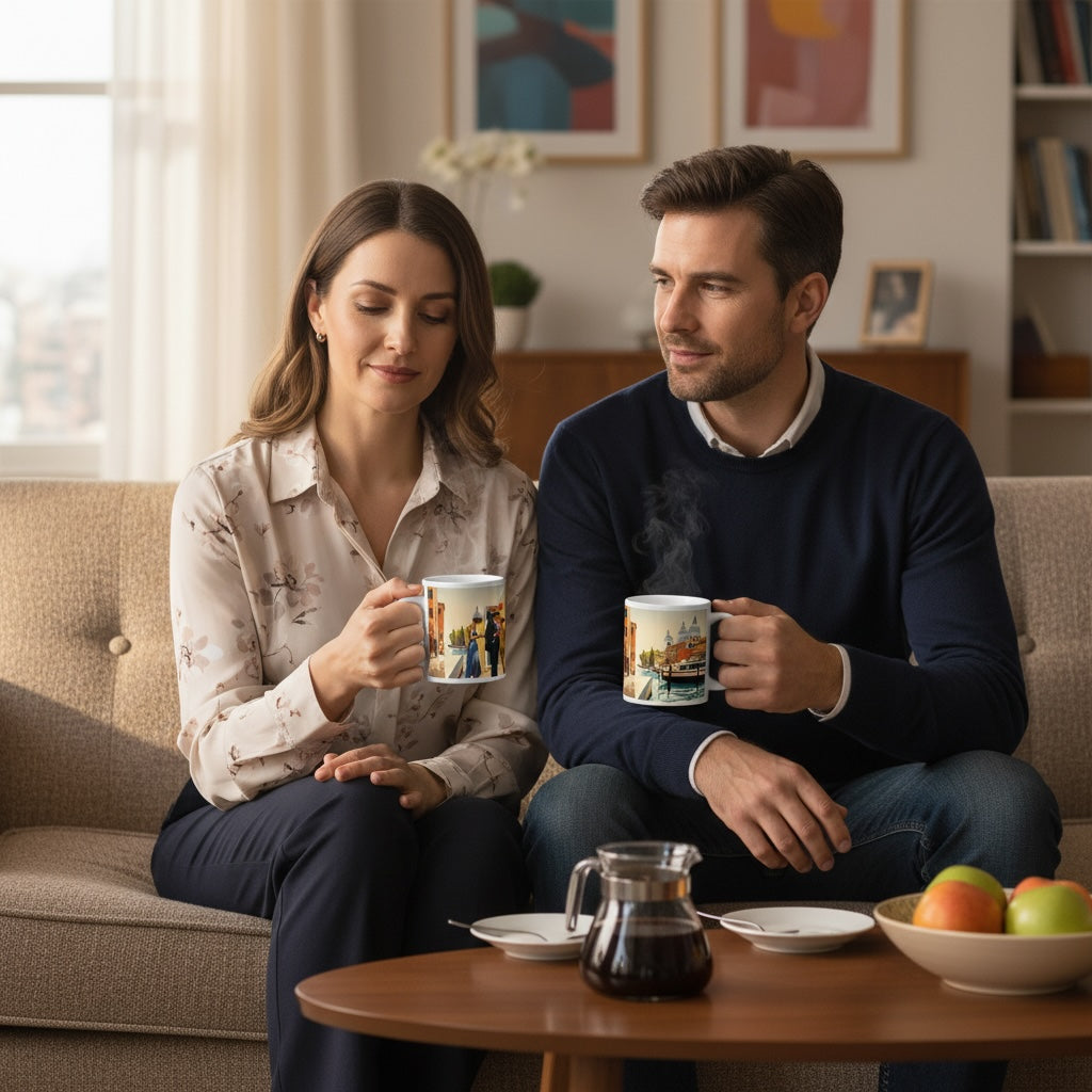 Lifestyle image of Italian vintage ceramic mug with the Venice Canal artwork by Drese Art