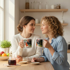 Lifestyle image of Pride-inspired American vintage mug with the Springtime Serenade artwork by Drese Art