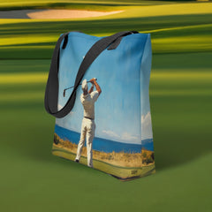 Context image of a Golf-inspired tote bag with the Coastal Drive artwork by Drese Art