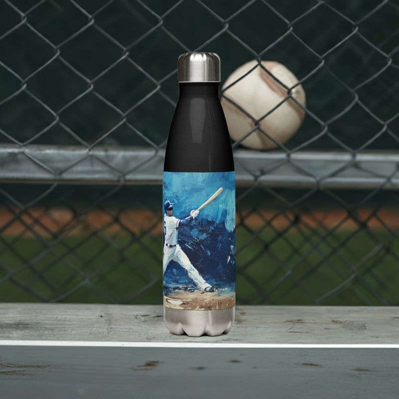 Context view of a Baseball-inspired stainless steel water bottle featuring the Frozen Swing artwork by Drese Art