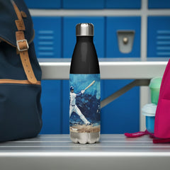 Context view of a Baseball-inspired stainless steel water bottle featuring the Frozen Swing artwork by Drese Art