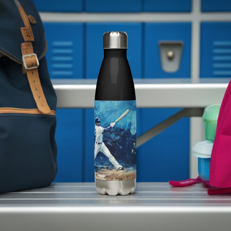 Context view of a Baseball-inspired stainless steel water bottle featuring the Frozen Swing artwork by Drese Art