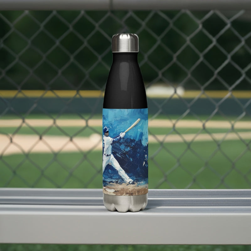 Context view of a Baseball-inspired stainless steel water bottle featuring the Frozen Swing artwork by Drese Art