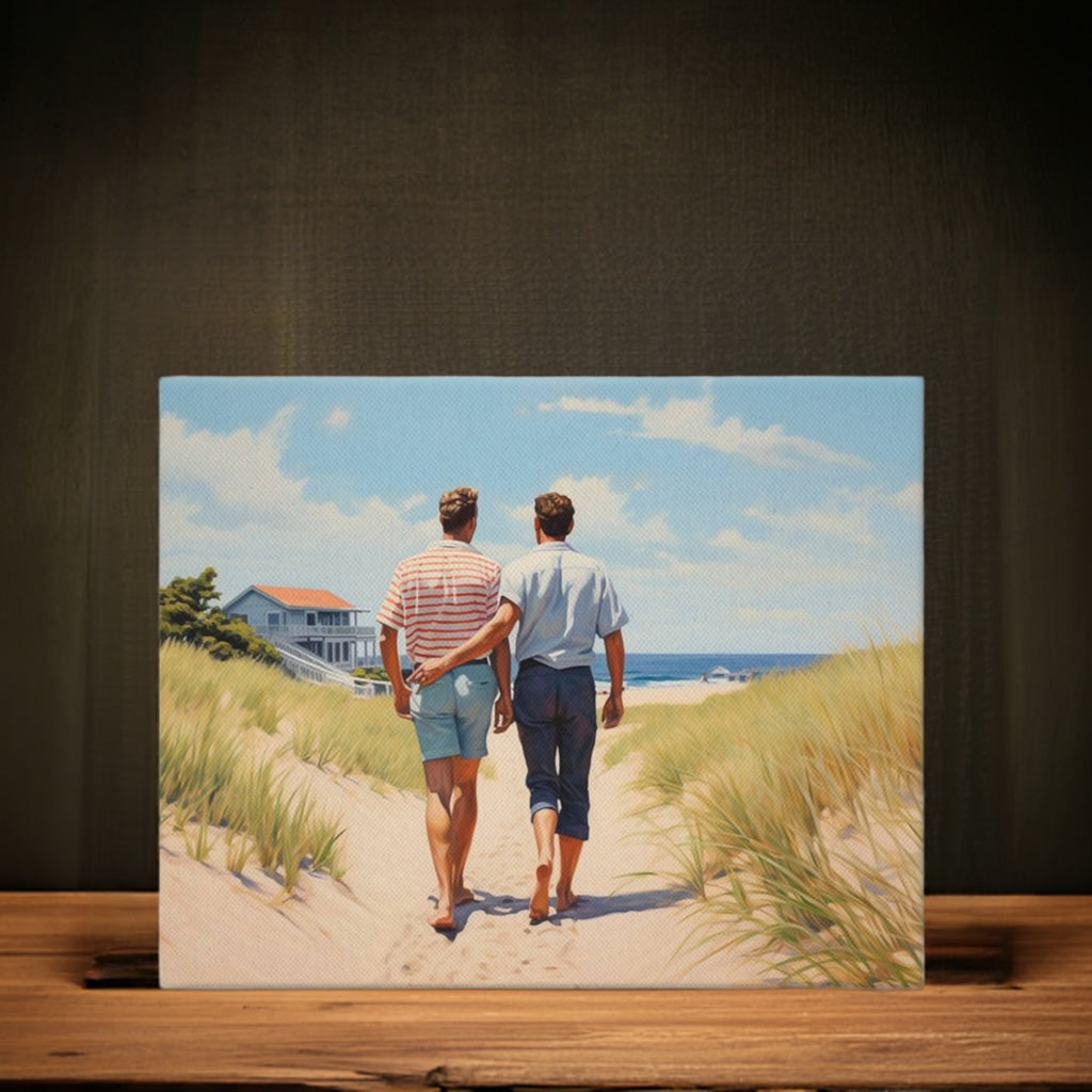 Context image of Pride-inspired American vintage square canvas print with the Stroll by the Beach artwork by Drese Art
