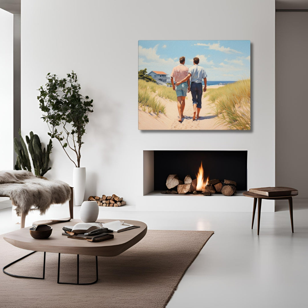 Context image of Pride-inspired American vintage square canvas print with the Stroll by the Beach artwork by Drese Art