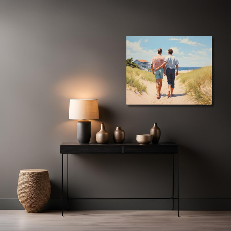 Context image of Pride-inspired American vintage square canvas print with the Stroll by the Beach artwork by Drese Art