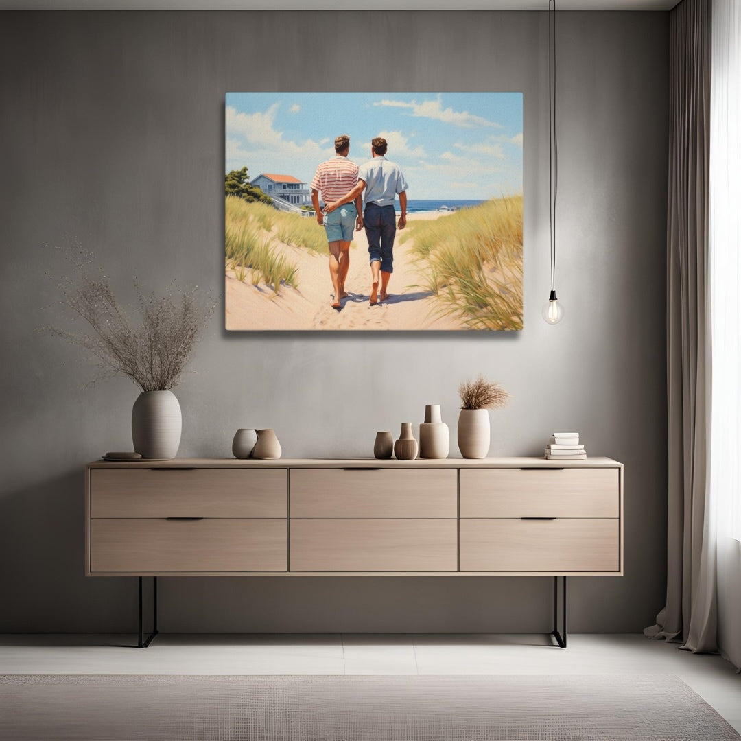 Context image of Pride-inspired American vintage square canvas print with the Stroll by the Beach artwork by Drese Art