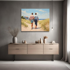 Context image of Pride-inspired American vintage square canvas print with the Stroll by the Beach artwork by Drese Art