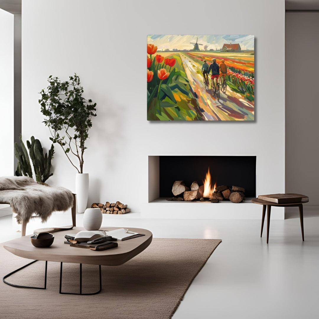 Context image of Floral Dutch landscape canvas print with the Through Tulip Fields artwork by Drese Art