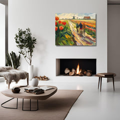 Context image of Floral Dutch landscape canvas print with the Through Tulip Fields artwork by Drese Art