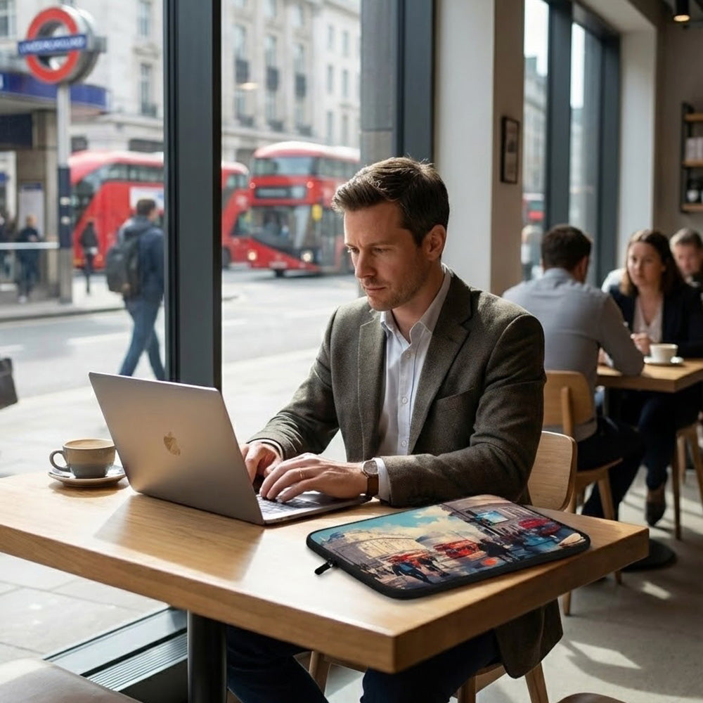 Lifestyle image of Vintage London laptop sleeve with the London Scene artwork by Drese Art