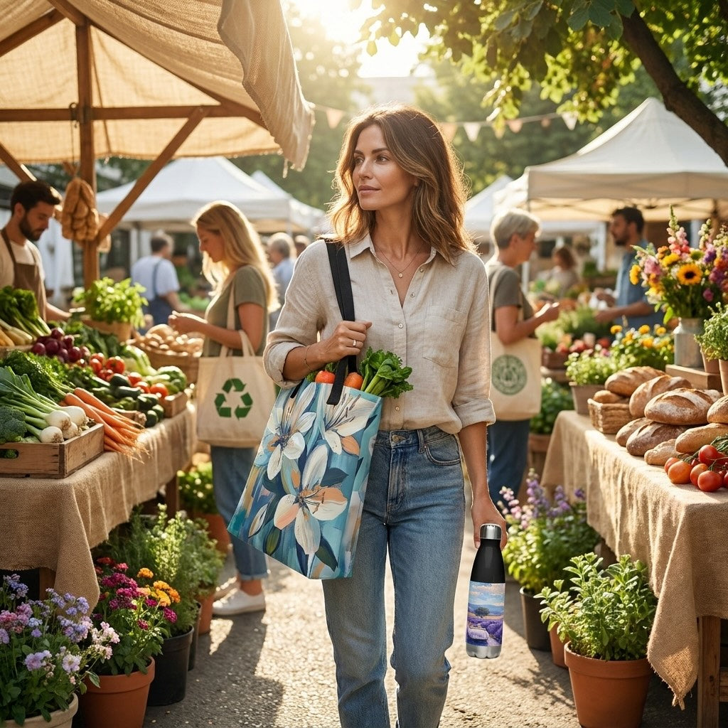 Lifestyle image at a farmer's market of a Floral tote bag with the Serene Bloom artwork by Drese Art