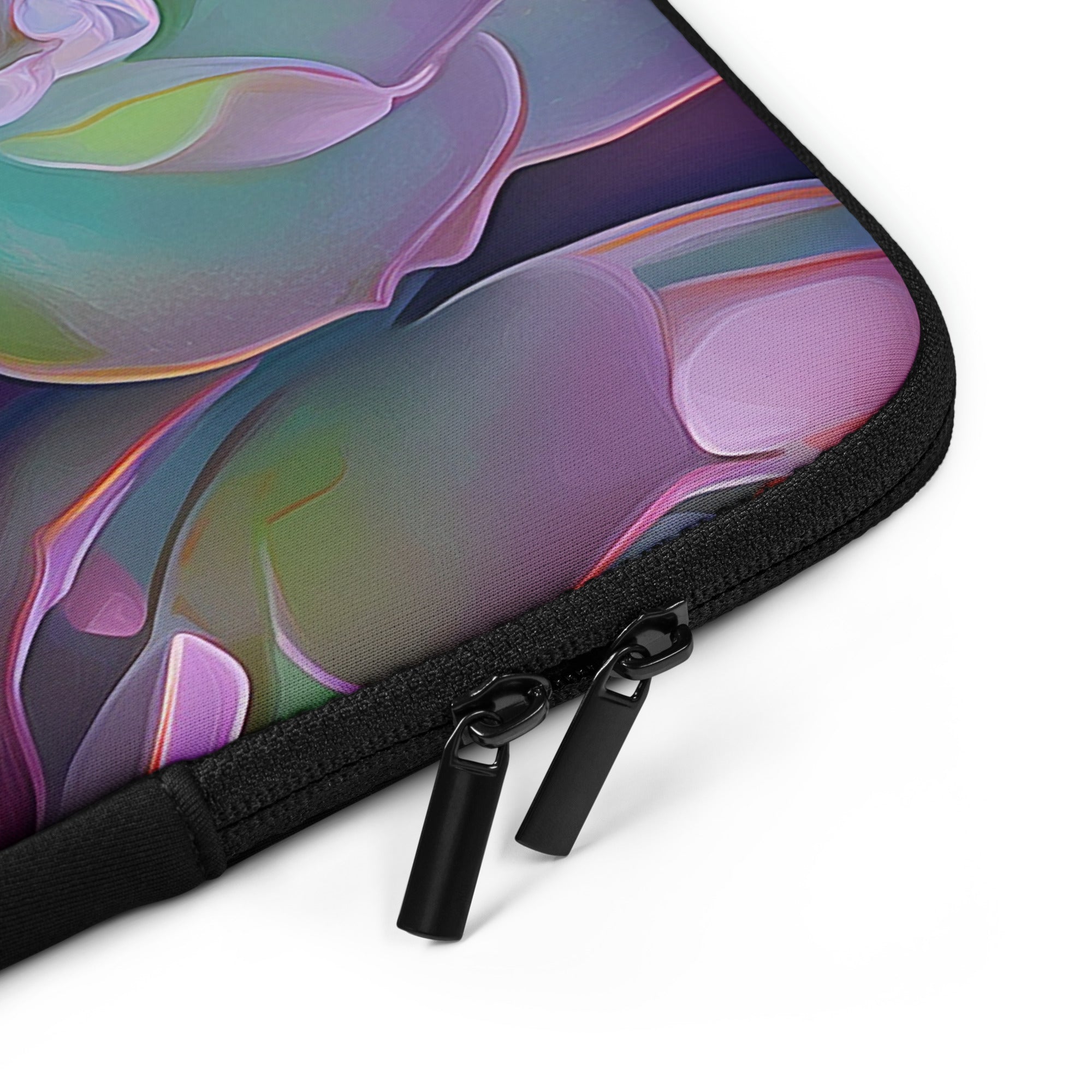 Closeup of laptop sleeve Ethereal Bloom by Drese Art — airy floral motifs with soft gradients