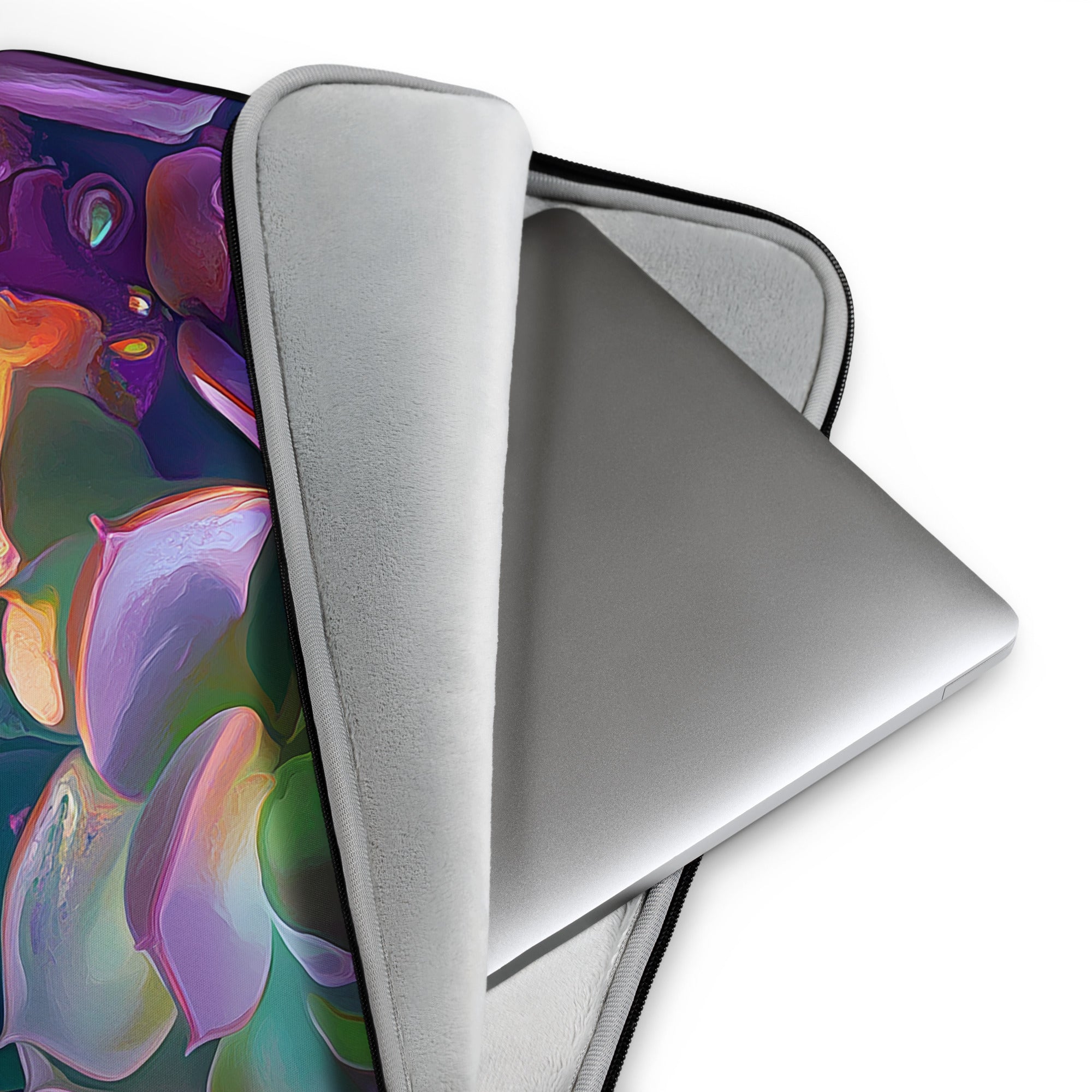 Detail view of laptop sleeve Ethereal Bloom by Drese Art — airy floral motifs with soft gradients