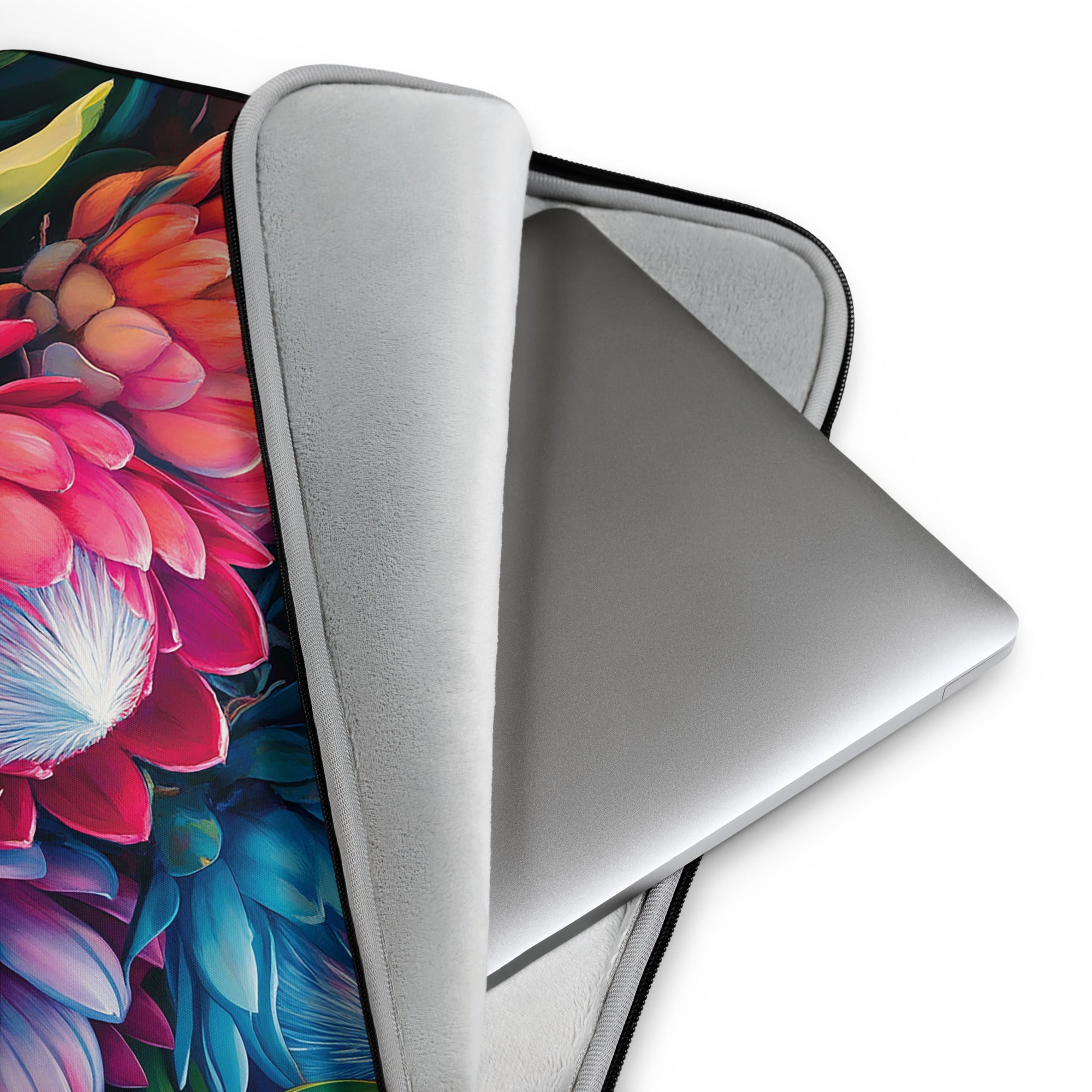 Detail view of laptop sleeve Floral Radiance by Drese Art — luminous blossoms with vivid color