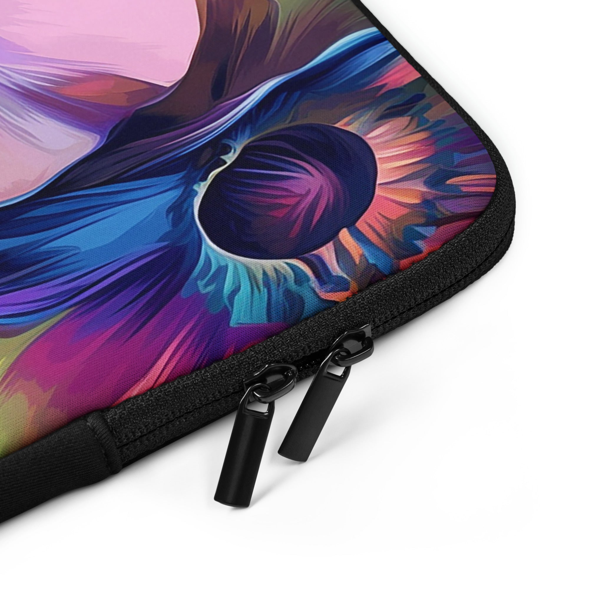 Closeup of laptop sleeve Luminous Depths by Drese Art — deep tones with glowing florals