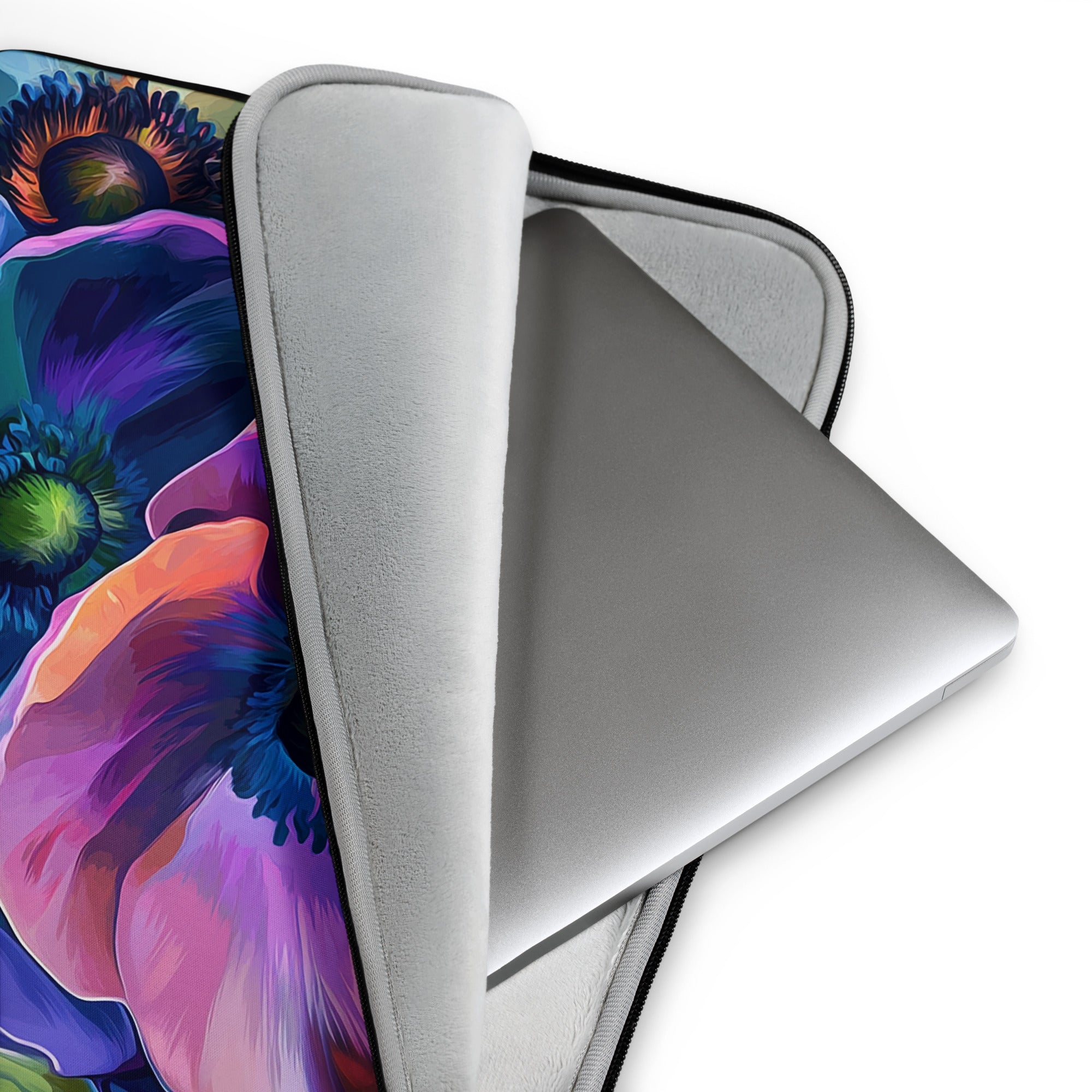 Detail view of laptop sleeve Luminous Depths by Drese Art — deep tones with glowing florals