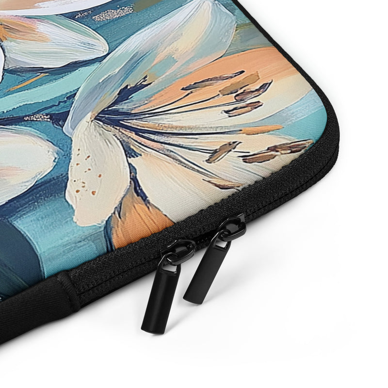 Closeup of laptop sleeve Serene Bloom by Drese Art — calm botanical pattern in pastel tones
